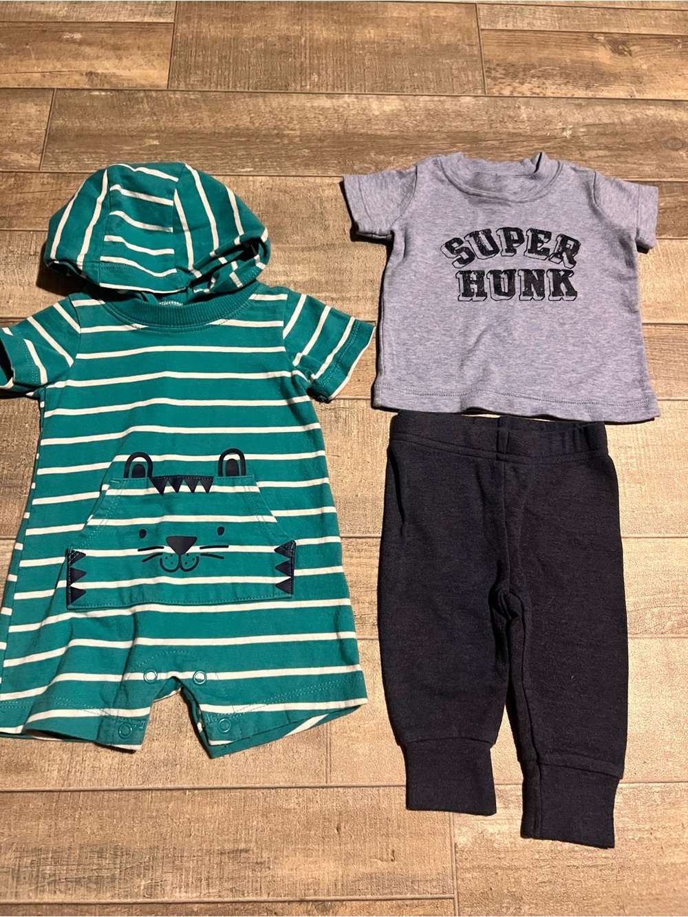 Kids Striped Teal Hooded One-Piece Romper with Graphic Pocket